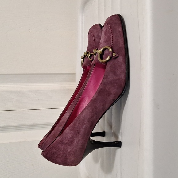 Coach "Aubry" leather suede slip-on loafer heels brass accent - 10 - merlot red - Picture 5 of 11